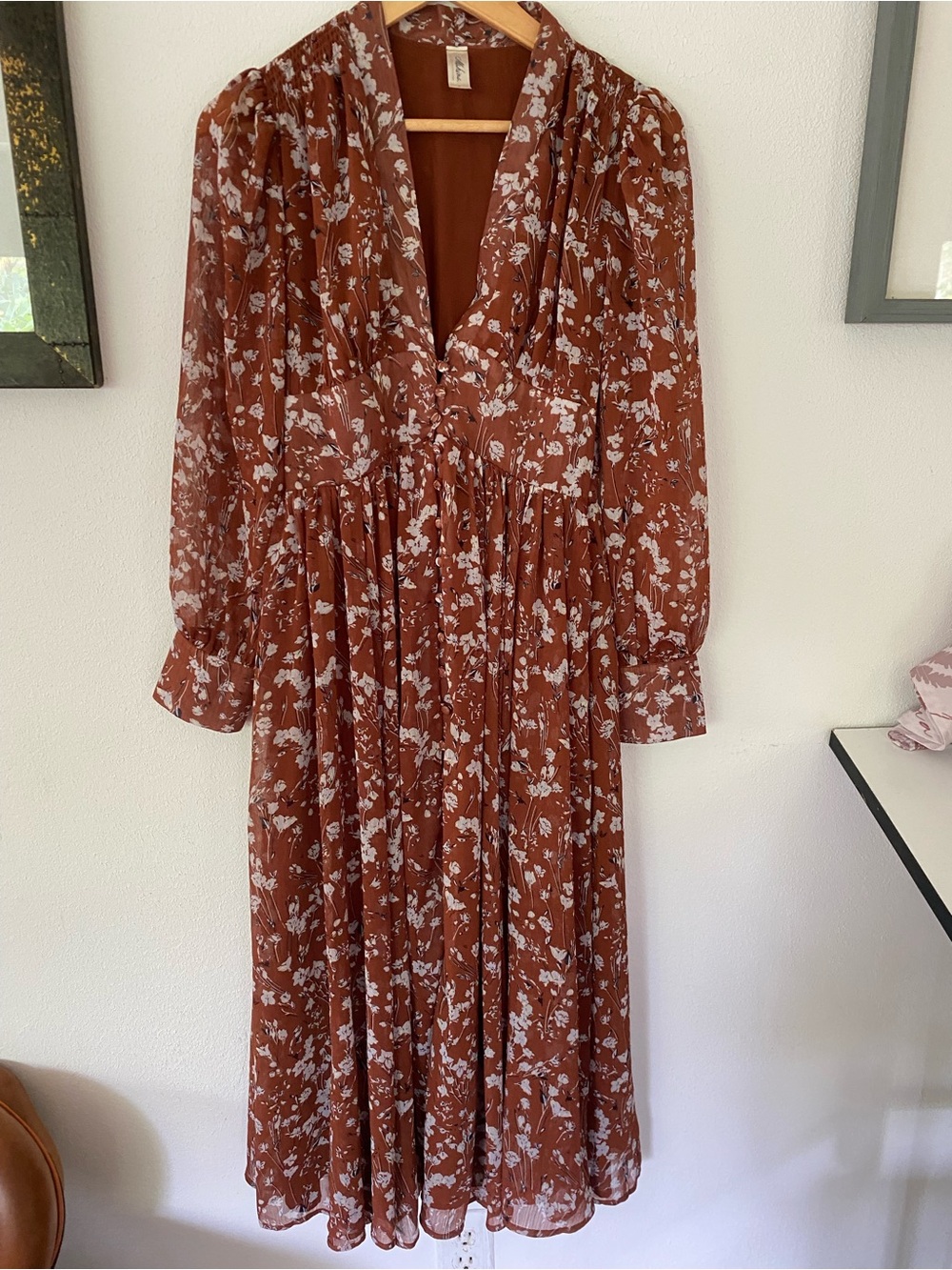 Mahina Hawaii Floral V-Neck Long Sleeve Midi Dress - Rust/White